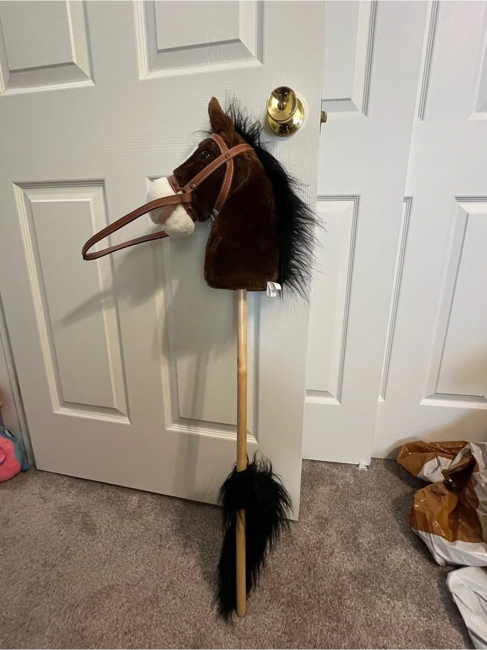 Plush Brown Horse Stick Toy with Bridle